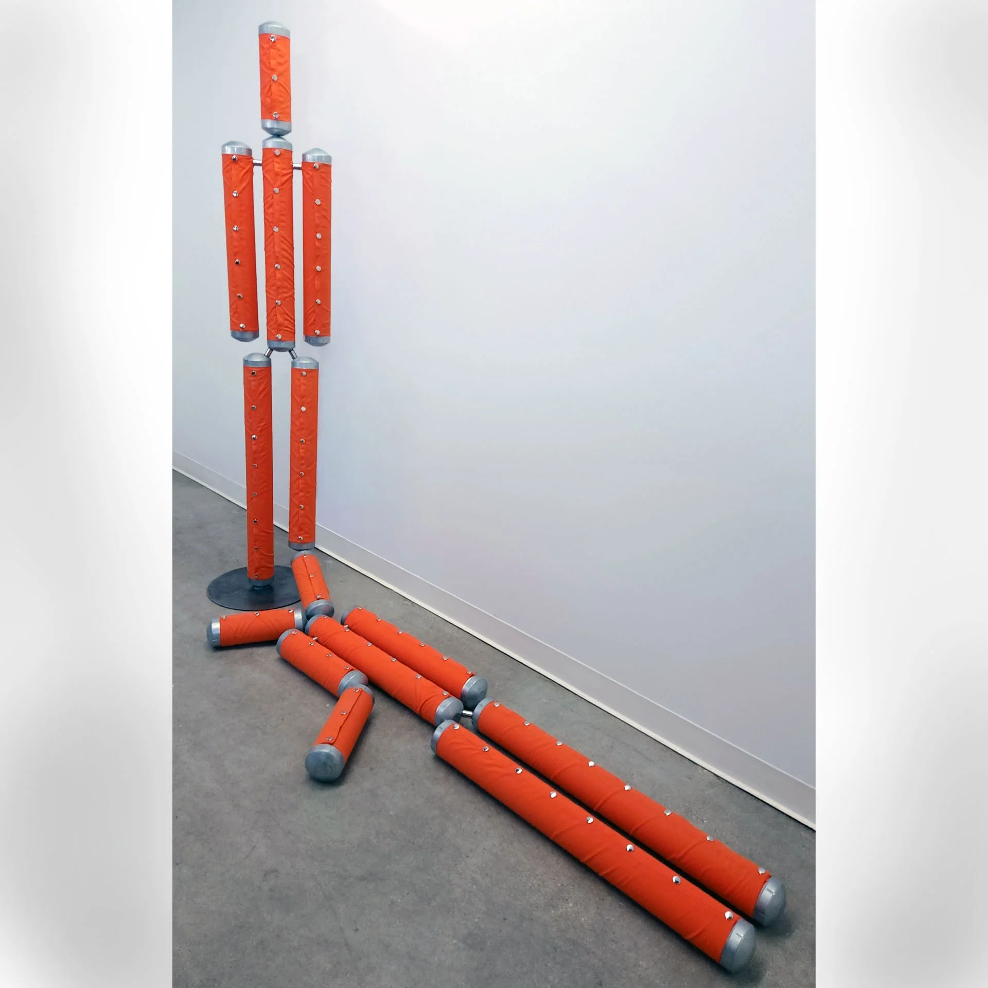 Stand, 2025. PVC pipe, fabric panels, steel base, steel caps, hardware – 72 x 85 x 25 in.