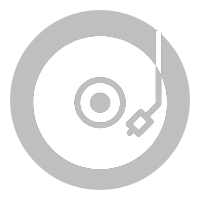 A black background with a white graphic of a vinyl record and a stylus arm.