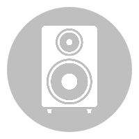 Black and white illustration of a speaker or audio monitor with two circular drivers
