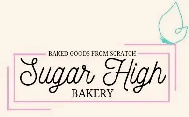 Logo for Sugar High Bakery with text 'Baked Goods from Scratch' and a simple blue and pink leaf illustration.