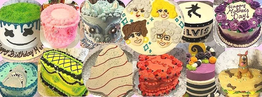 Collection of various decorated cakes for birthdays and special occasions. Includes a Hello Kitty themed cake, a pink fluffy cake, an animal face cake, a couple's face cake, a skateboard cake, a Mother's Day cake, a minion themed cake, a shark cake, a yellow and green layered cake, a dessert with ice cream cones, a red heart-shaped cake, a two-layer purple and black striped cake, and a dog-shaped cake.