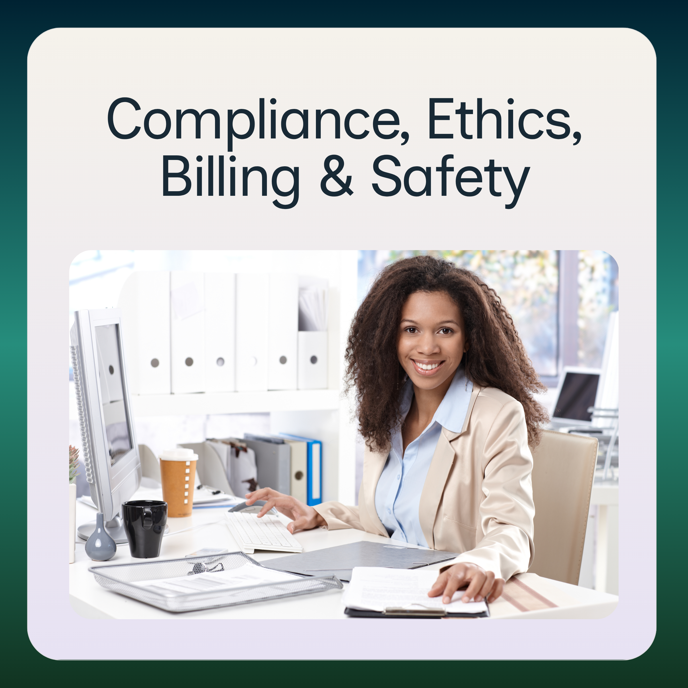 A woman in business attire working at a desk with a computer, papers, folders, and office supplies in an office setting.