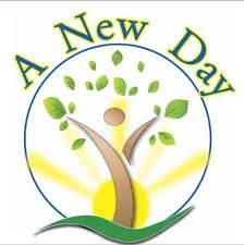 Logo with a tree, sun rays, and the text 'A New Day'.