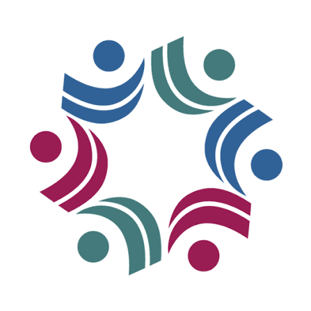 Abstract graphic of five stylized human figures arranged in a circle, each with a round head and curved body, in blue, teal, and maroon colors.