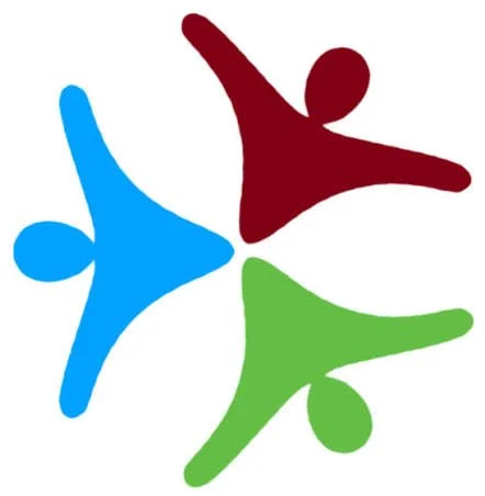 Three stylized human figures in blue, red, and green holding hands in a circular formation.