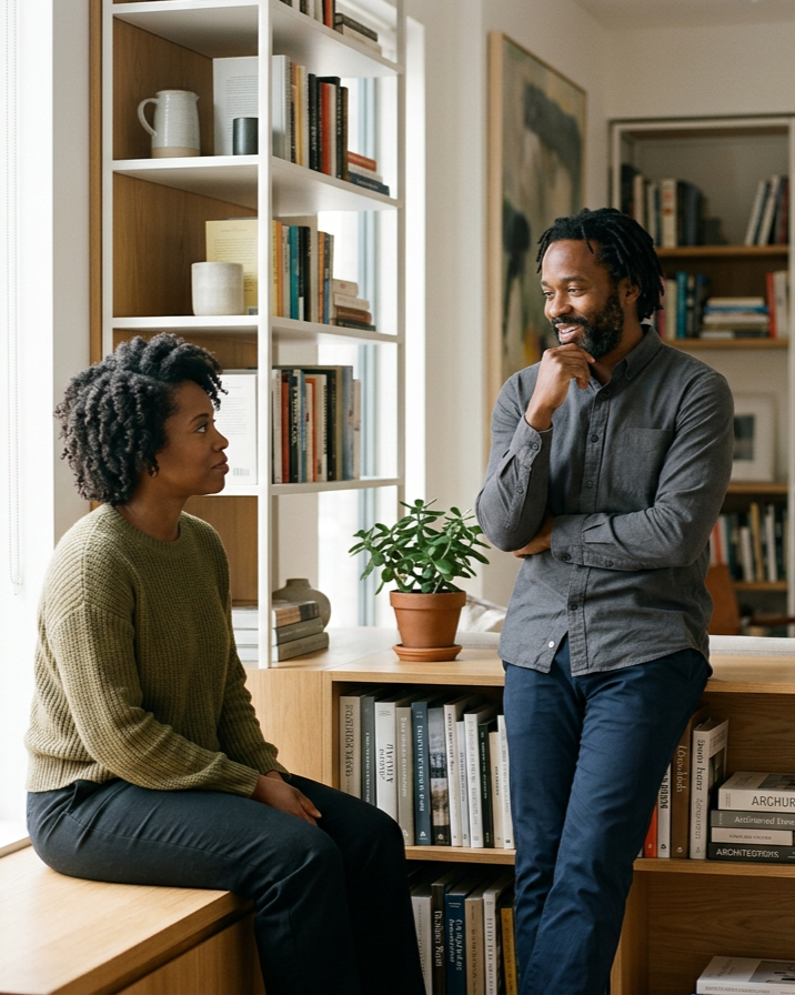 A man and woman having a conversation in a cozy home library, with bookshelves and a potted plant.