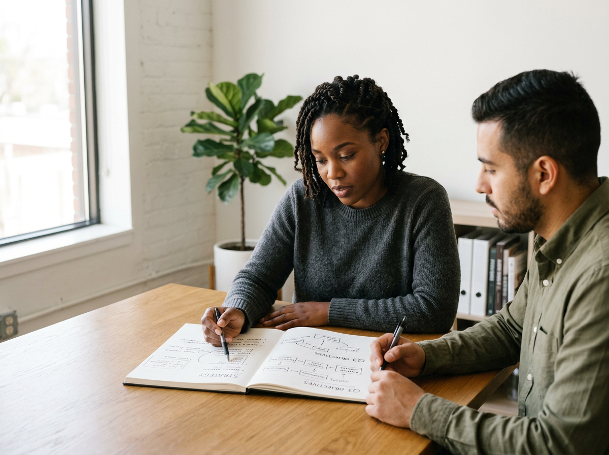 Two people, a woman with curly hair and a man with dark hair, sitting at a wooden table, looking at a notebook with sketches and notes, in a bright room with a large window and a potted plant in the background.