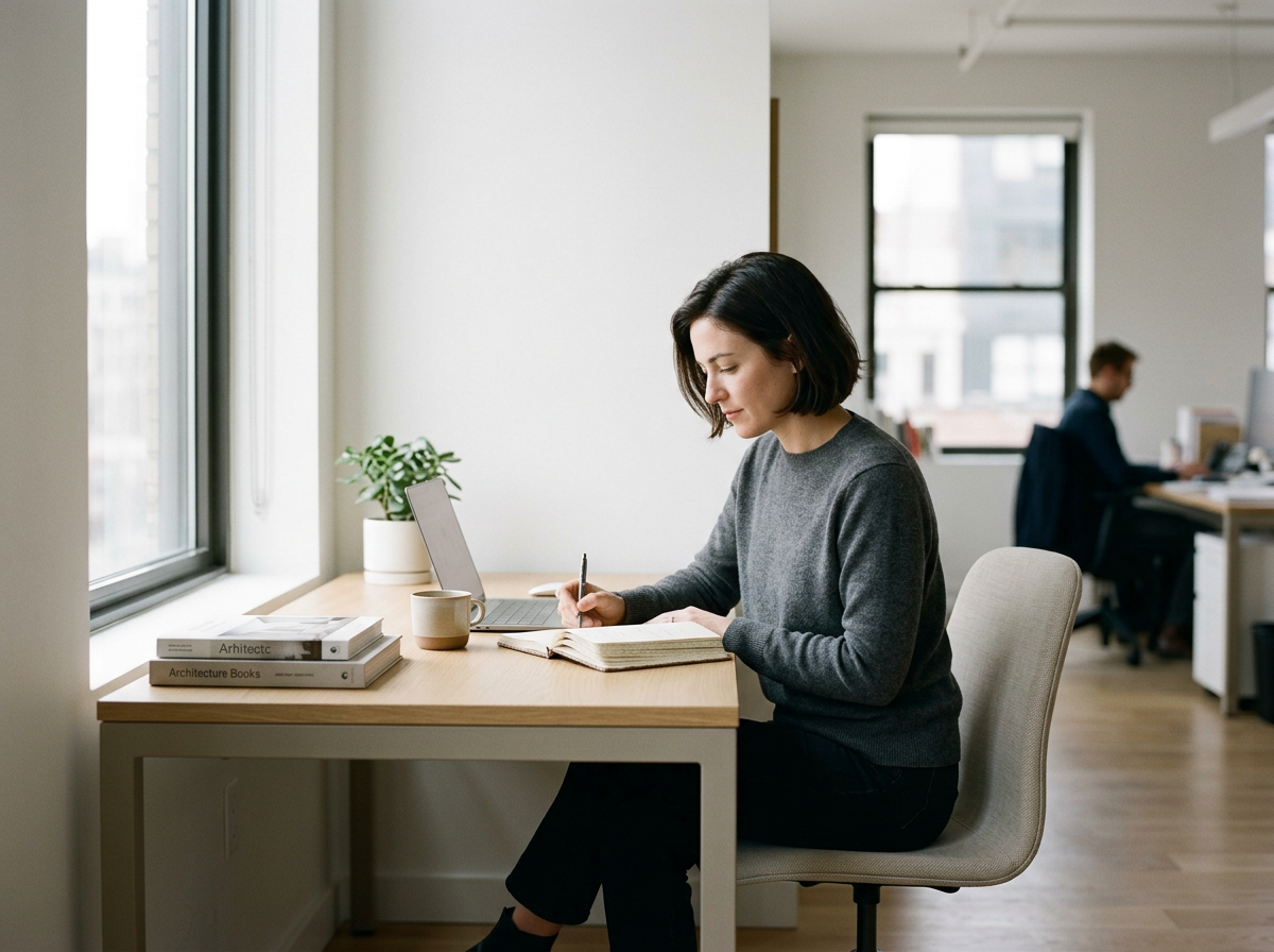 A woman with short dark hair wearing a gray sweater sitting at a desk, writing in a notebook near a window in an office.