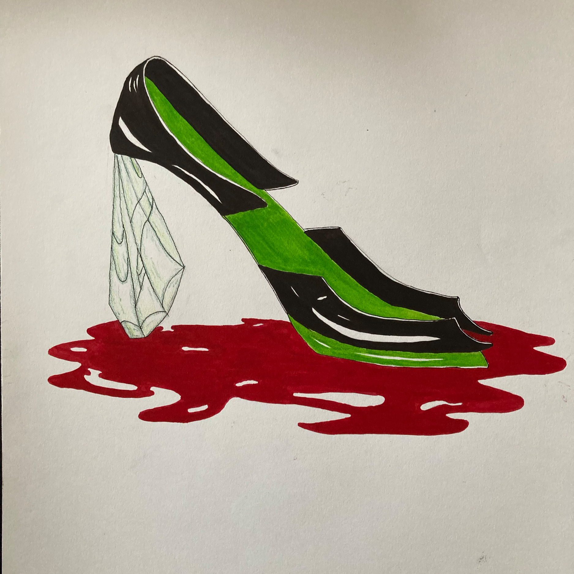 A plant with black and green striped leaves and a crystal attached to it, lying on a red surface