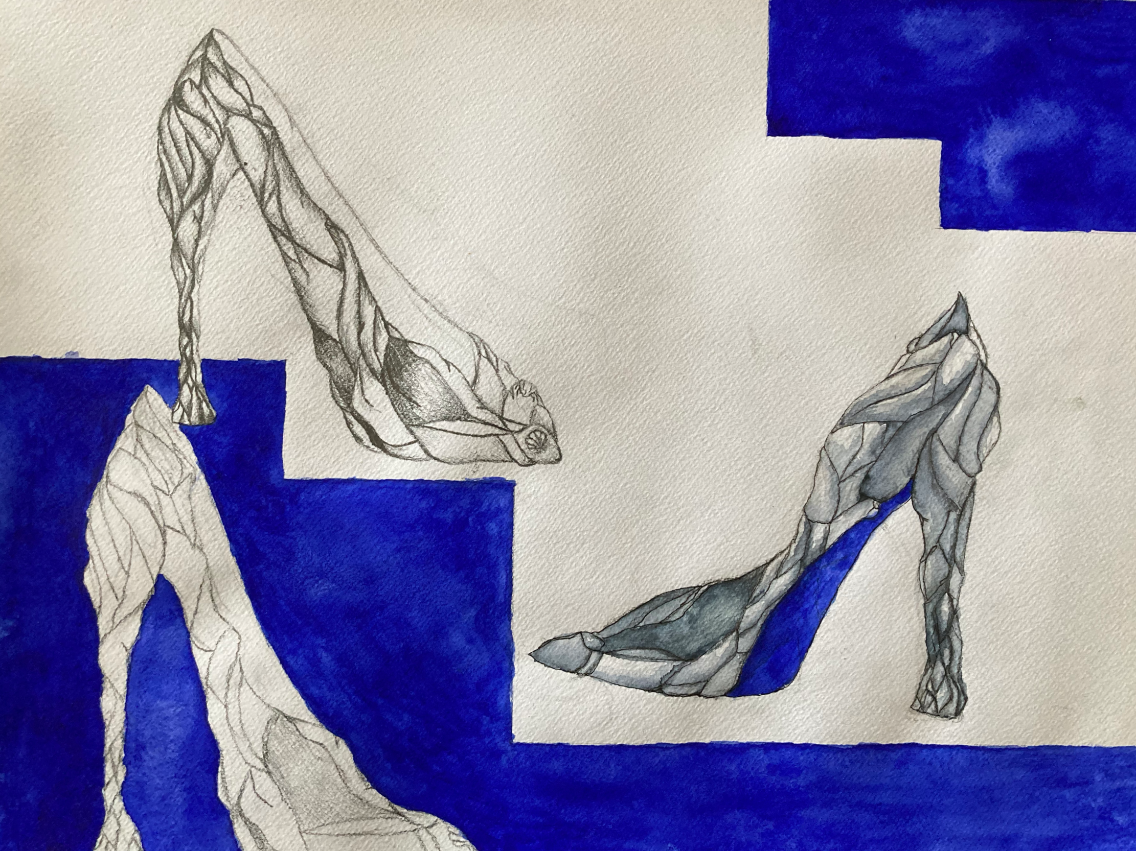 Drawing of three high-heeled shoes with abstract, geometric patterns, some parts shaded in blue, on a textured off-white background.