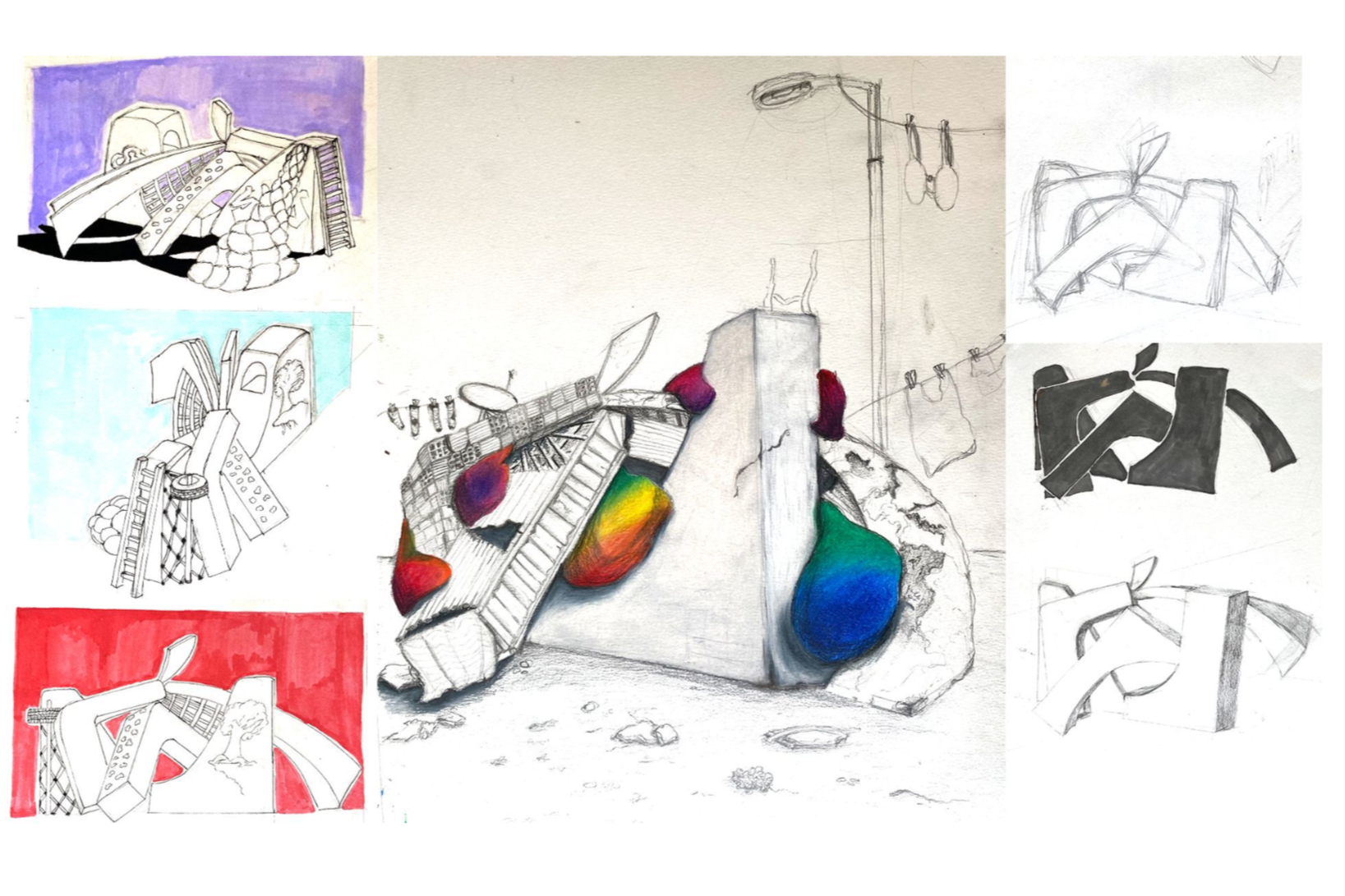 A mixed media collage of sketches and colored illustrations of various abstract shapes and structures, including buildings, ladders, and geometric forms, with some colored spots and shading.