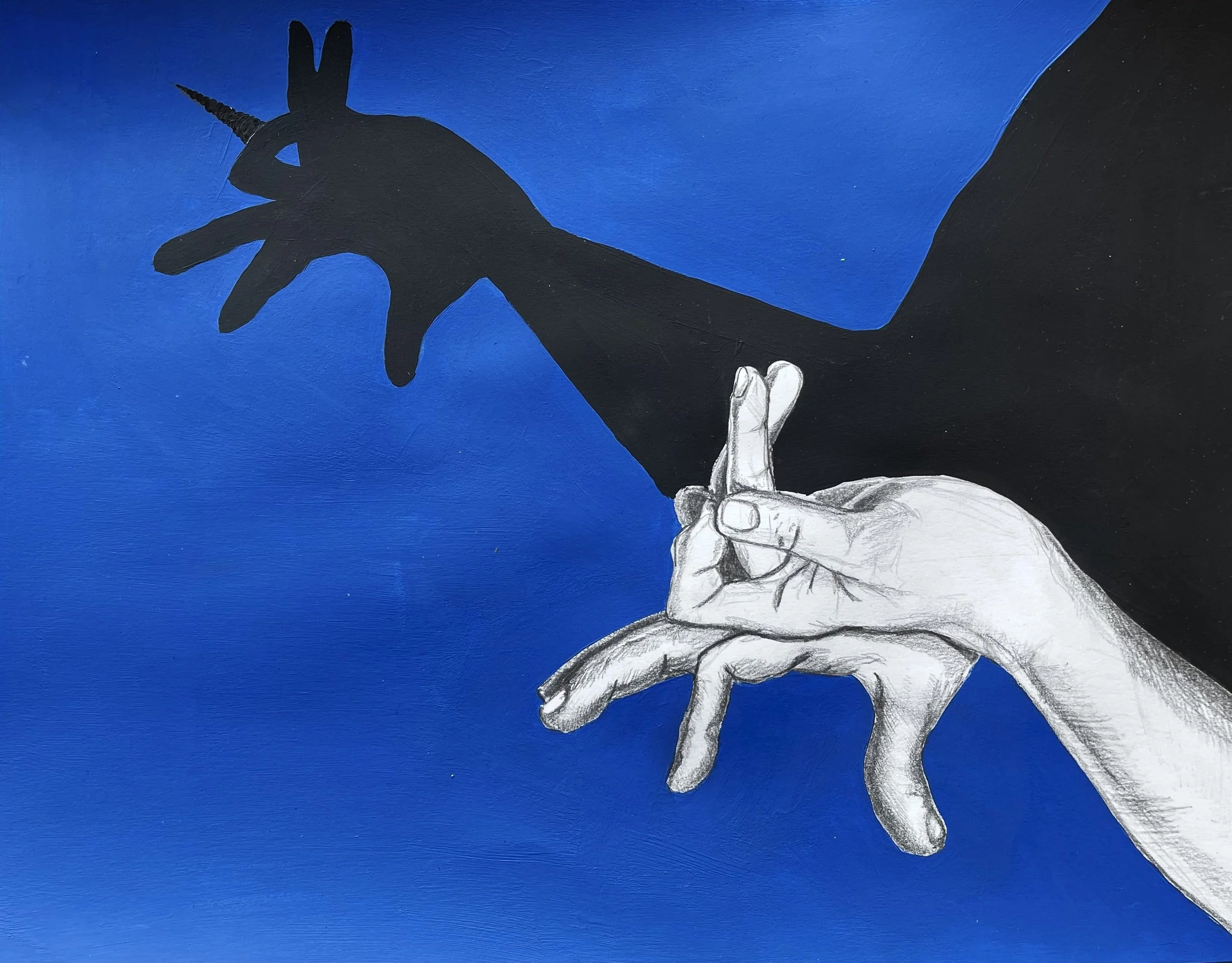 A realistic drawing of a hand in black and white with long fingers, holding up the index finger, with a blue background. The shadow of the hand resembles a unicorn, creating a visual illusion.