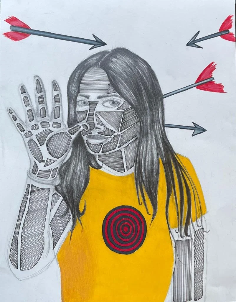 A drawing of a woman with long hair, wearing a yellow shirt with a red and black spiral target on the chest. Her face is divided into geometric segments with shading. She holds up her hand, which is drawn in a geometric style. Three arrows, with red 
