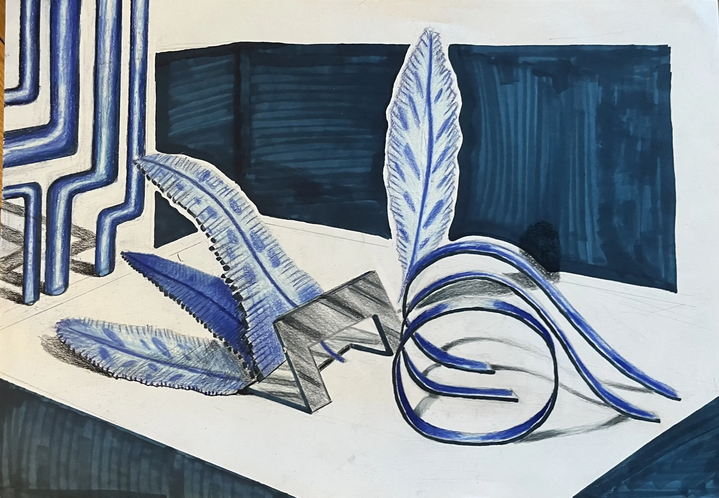 A still life drawing of blue and gray leaves, a black house, and abstract shapes on a white surface.