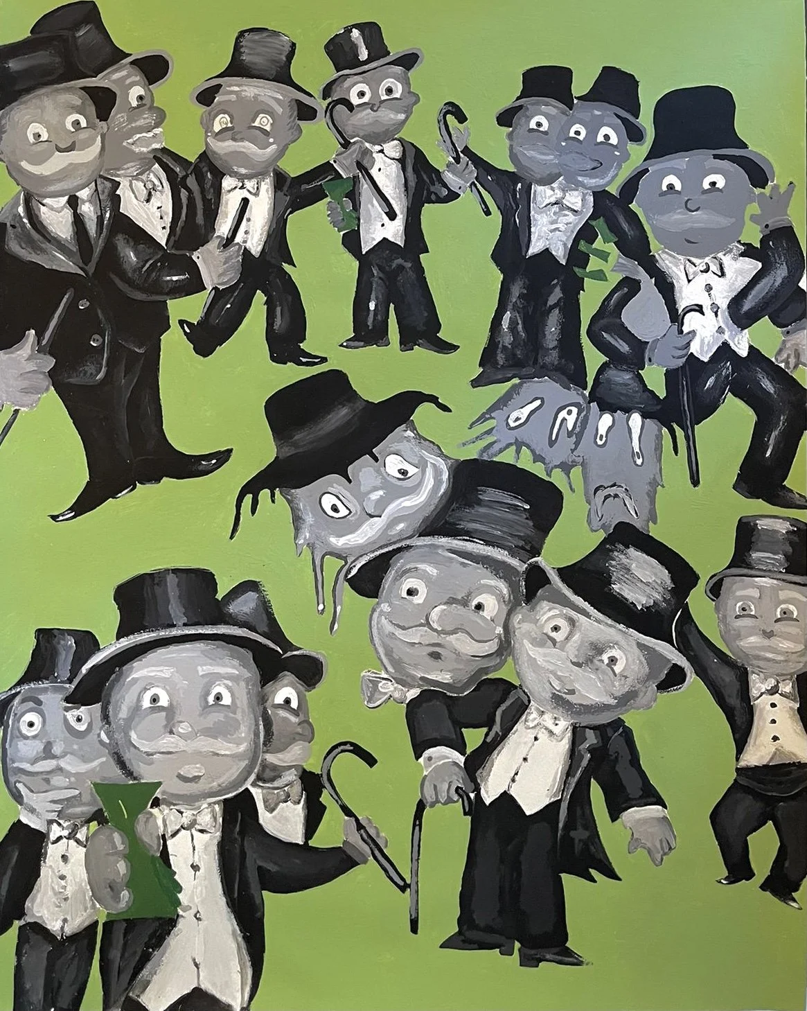 A colorful painting of cartoon children dressed as witches and wizards with top hats, holding wands, umbrellas, and brooms, set against a bright green background.