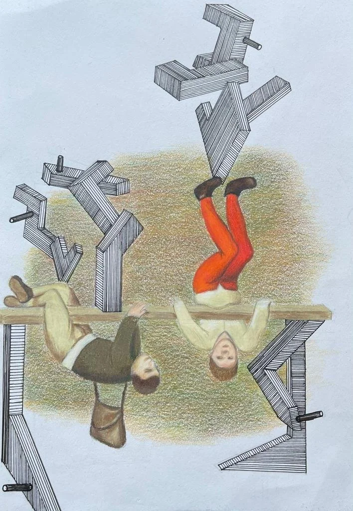 Drawing of a woman upside down, holding a large piece of furniture above her head, and a man lying on the ground, holding a large furniture piece, with additional furniture pieces around them.