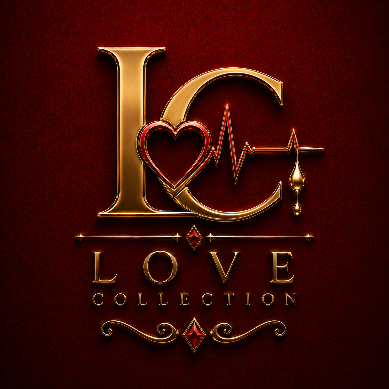 Gold and red logo with the letter 'L' and 'C' connected by a heart and a heart rate line, with the word 'LOVE COLLECTION' below on a dark red background.