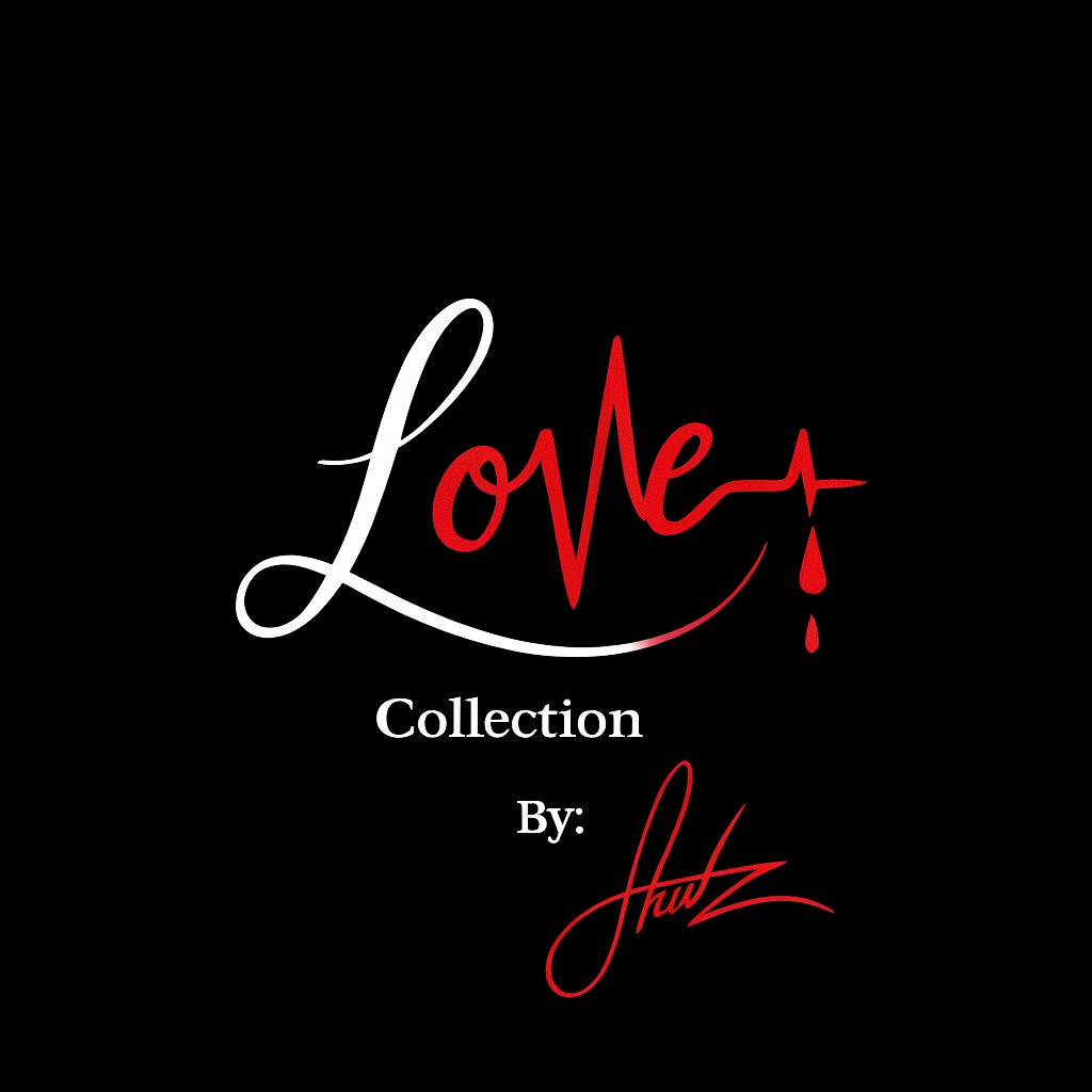 Digital cover titled 'Love Collection by Thuz' with the word 'Love' stylized in red and white, incorporating a heartbeat line and blood drop, against a black background.