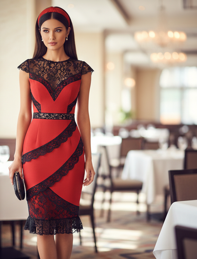 Georgina Red & Black Lace Cocktail Dress
