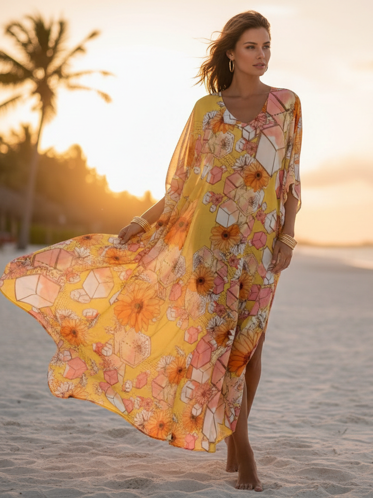 Sun-Drenched Floral Sketch Kaftan