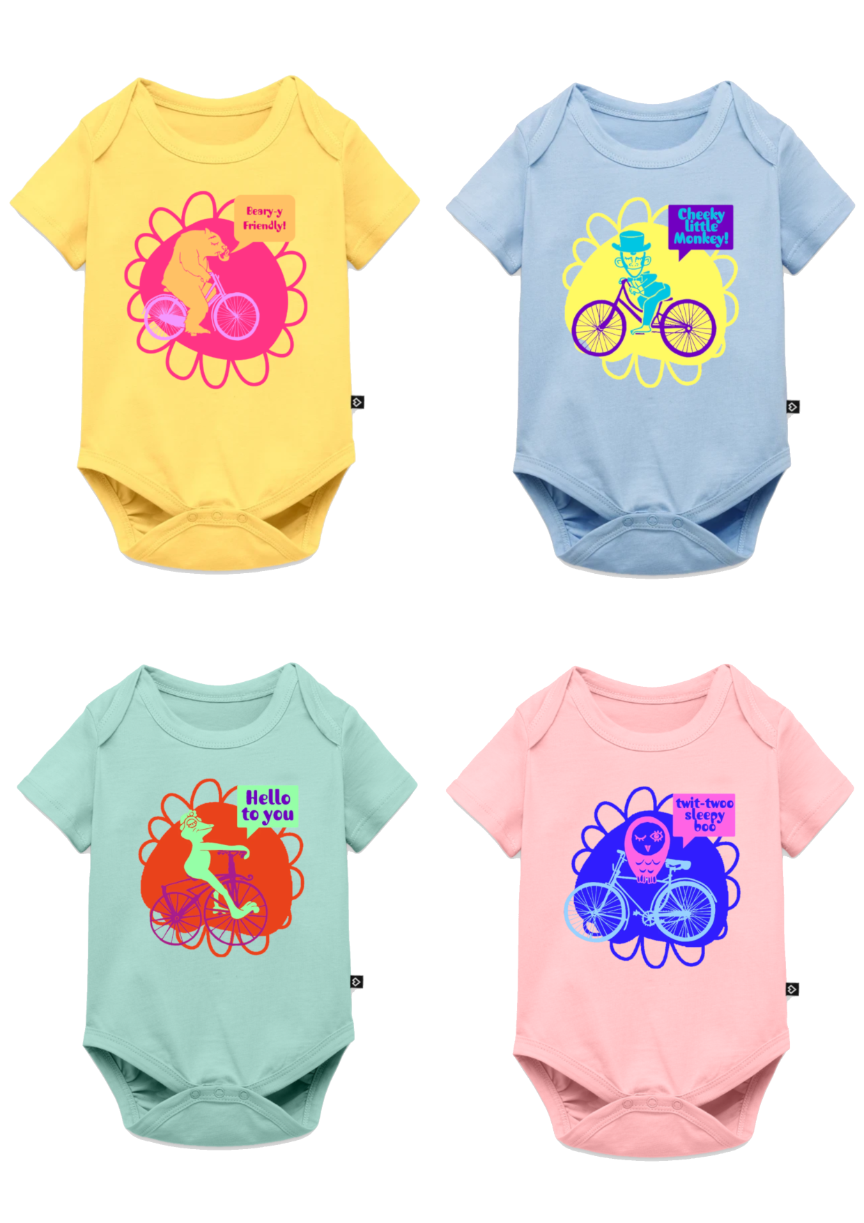Animals on Bikes Babygrows Pack of 4.png