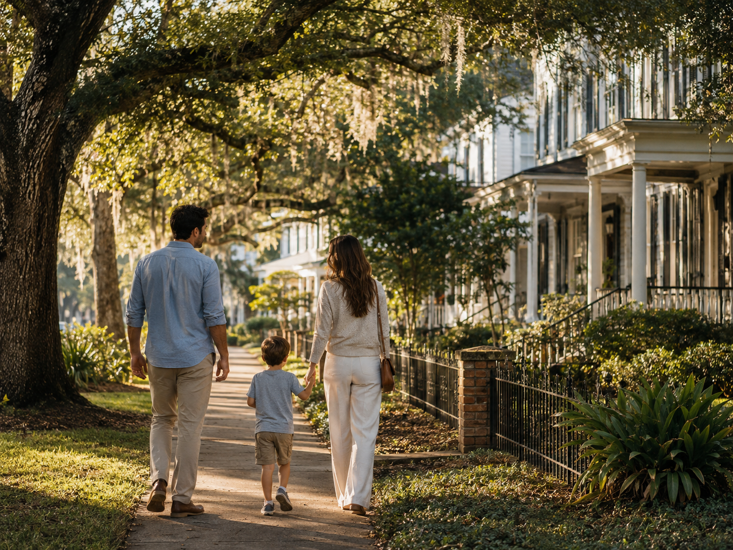 amily exploring a historic Mobile Alabama neighborhood