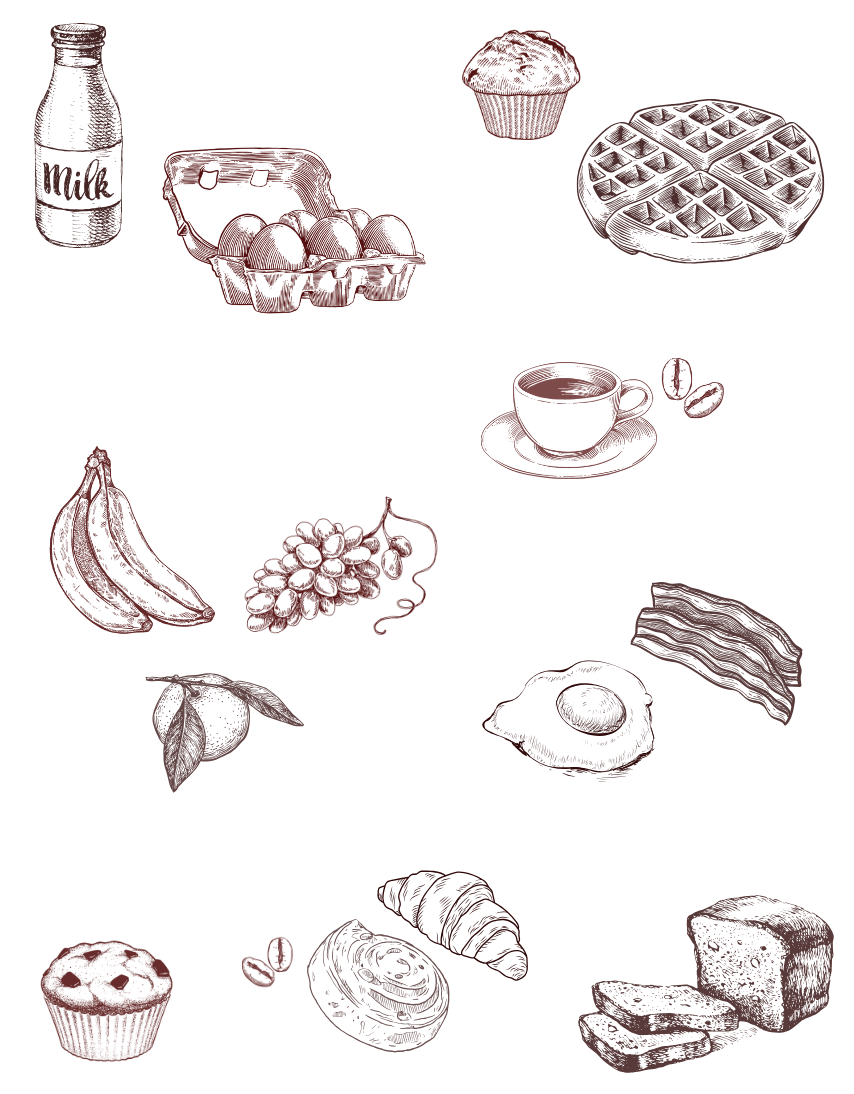Illustration of breakfast foods including milk, muffin, pie, coffee, banana, grapes, egg, bacon, muffin, croissant, cinnamon roll, bread, and bacon.