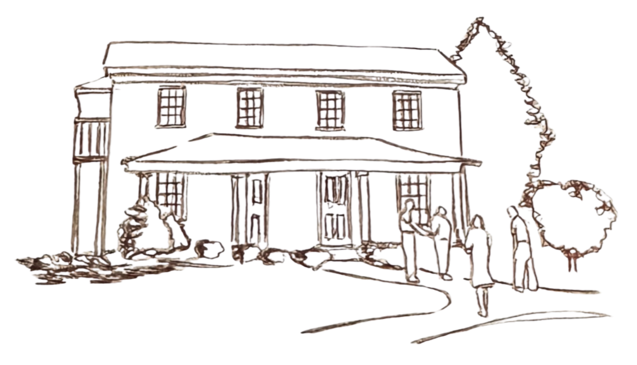 Outline drawing of a two-story house with a porch, multiple windows, and a tree to the right.