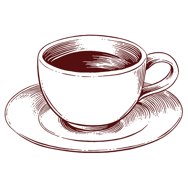 A drawing of a teacup and saucer on a black background.