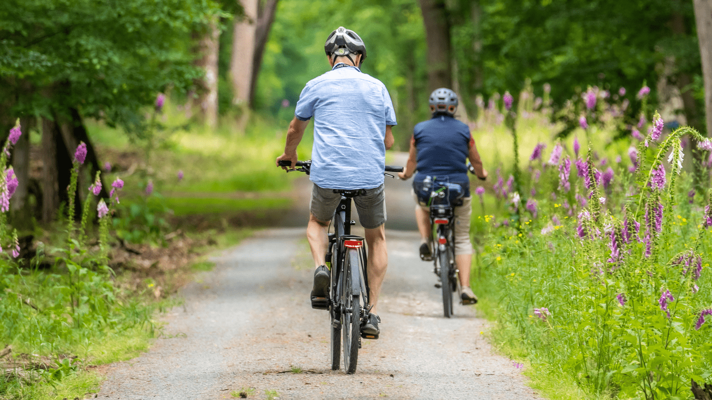 Two people riding bikes along a wooded trail lined with purple flowers.