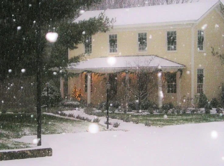 A yellow two-story house with a snow-covered roof, surrounded by snow on the ground and trees, with a lit Christmas tree visible near the porch during snowfall at night.