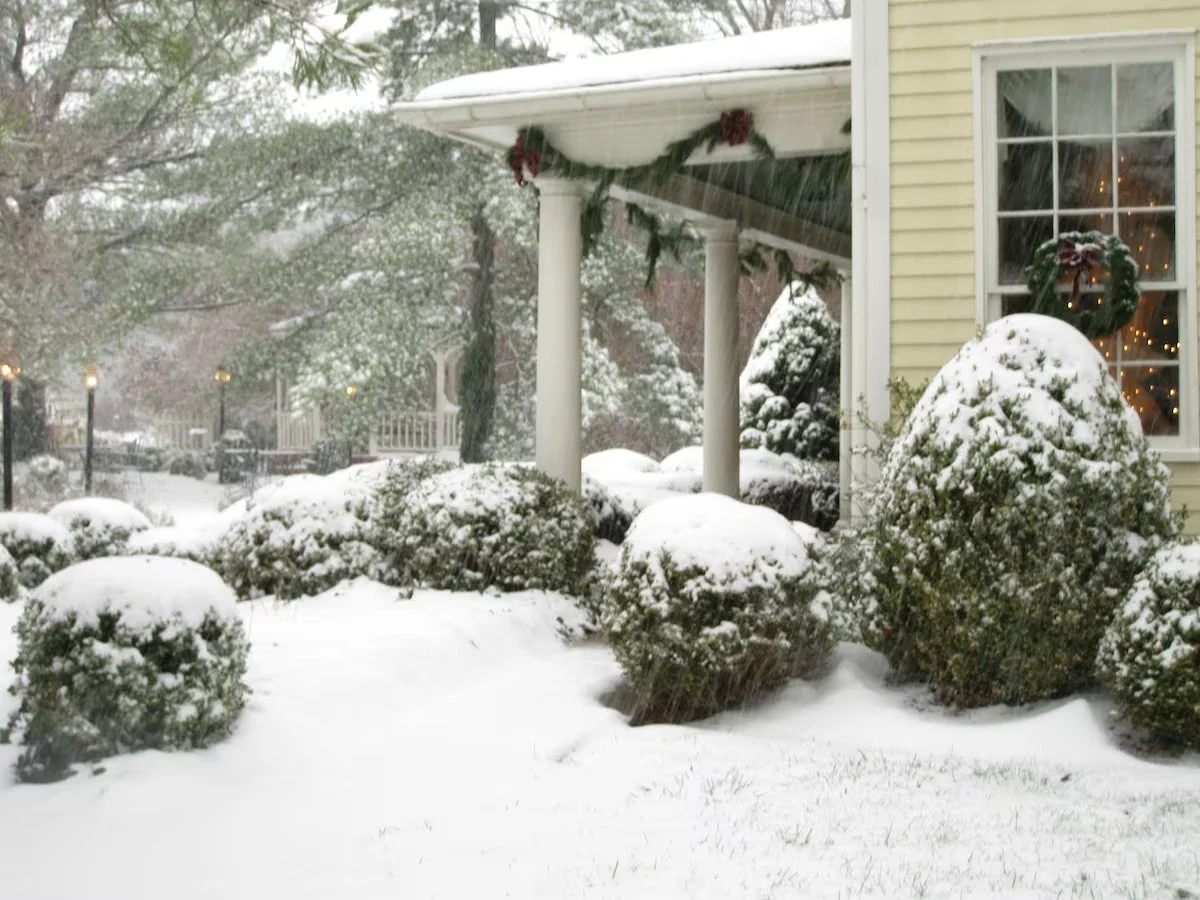 Snow-covered bushes and trees outside a house decorated for Christmas, with a wreath on the window and garland on the porch columns.