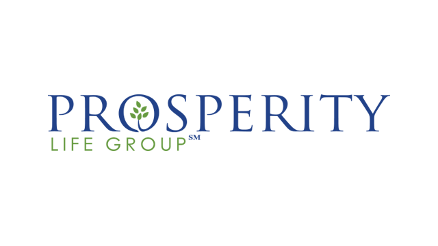 Prosperity Life Group logo with blue and green text and a small tree symbol inside the letter O