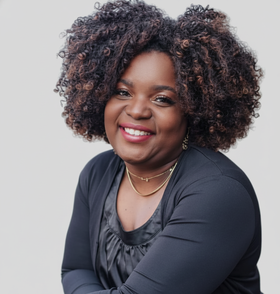 Portrait of a woman with dark curly hair, smiling and wearing a black top with gold jewelry, against a light gray background.