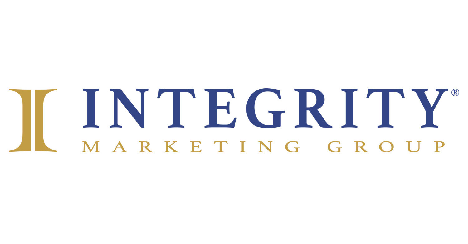 Logo of Integrity Marketing Group with the words 'INTEGRITY' in large blue font and 'MARKETING GROUP' in smaller gold font underneath, featuring a gold Roman numeral II symbol to the left.