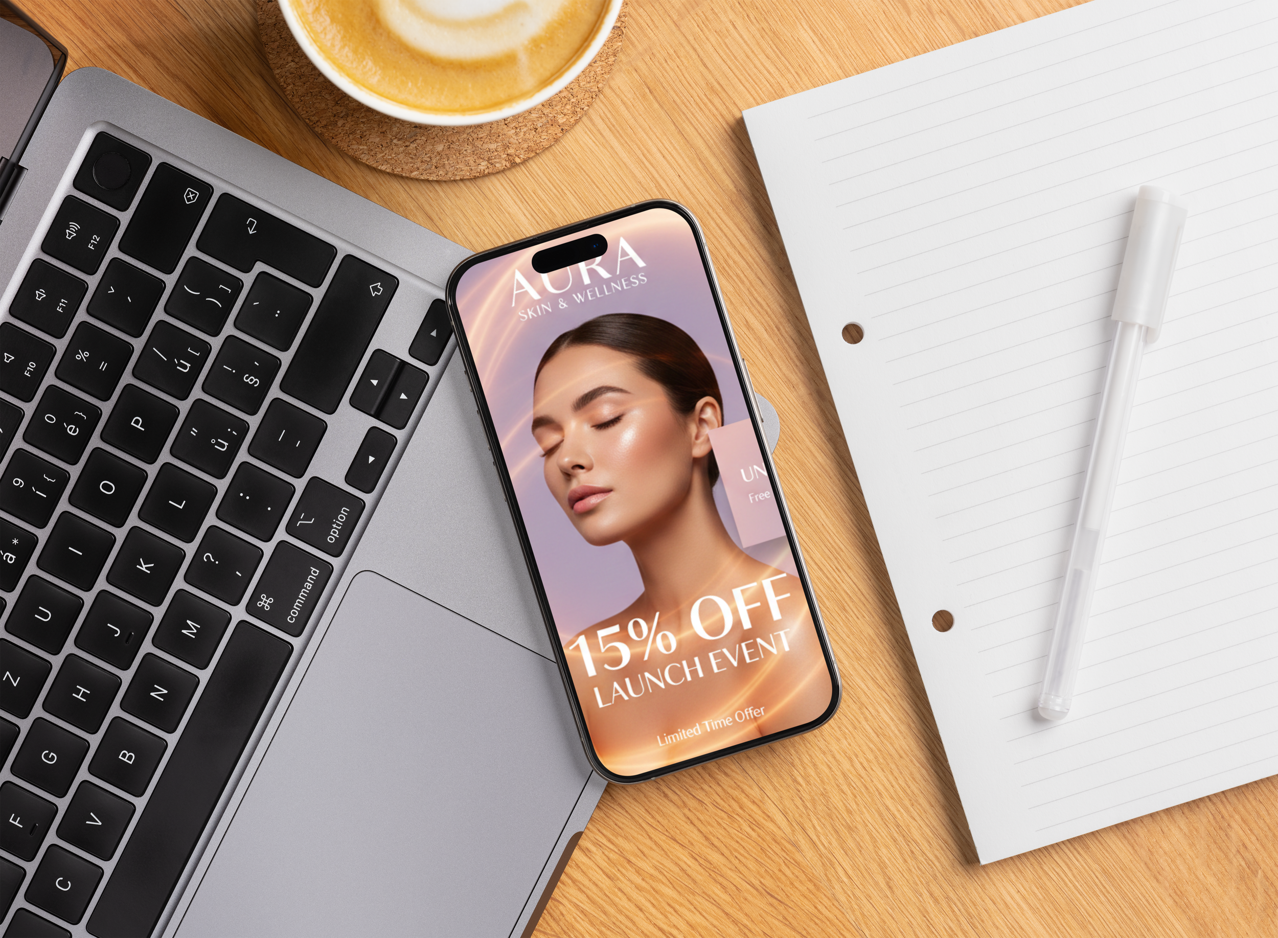 A flat lay of a workspace with a silver laptop, a smartphone displaying a skincare promotion for Aura Skin & Wellness, a lined notepad with a white pen, and a cup of coffee on a cork coaster, all arranged on a wooden surface.