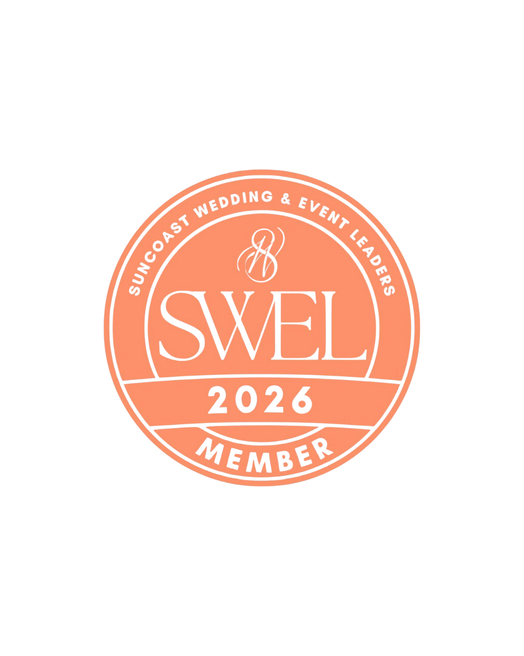 A circular logo for a wedding and event planning company called SWEL, with the text "SUNCOST WEDDING & EVENT LEADERS," "2026," and "MEMBER," all in black on a peach-colored background.