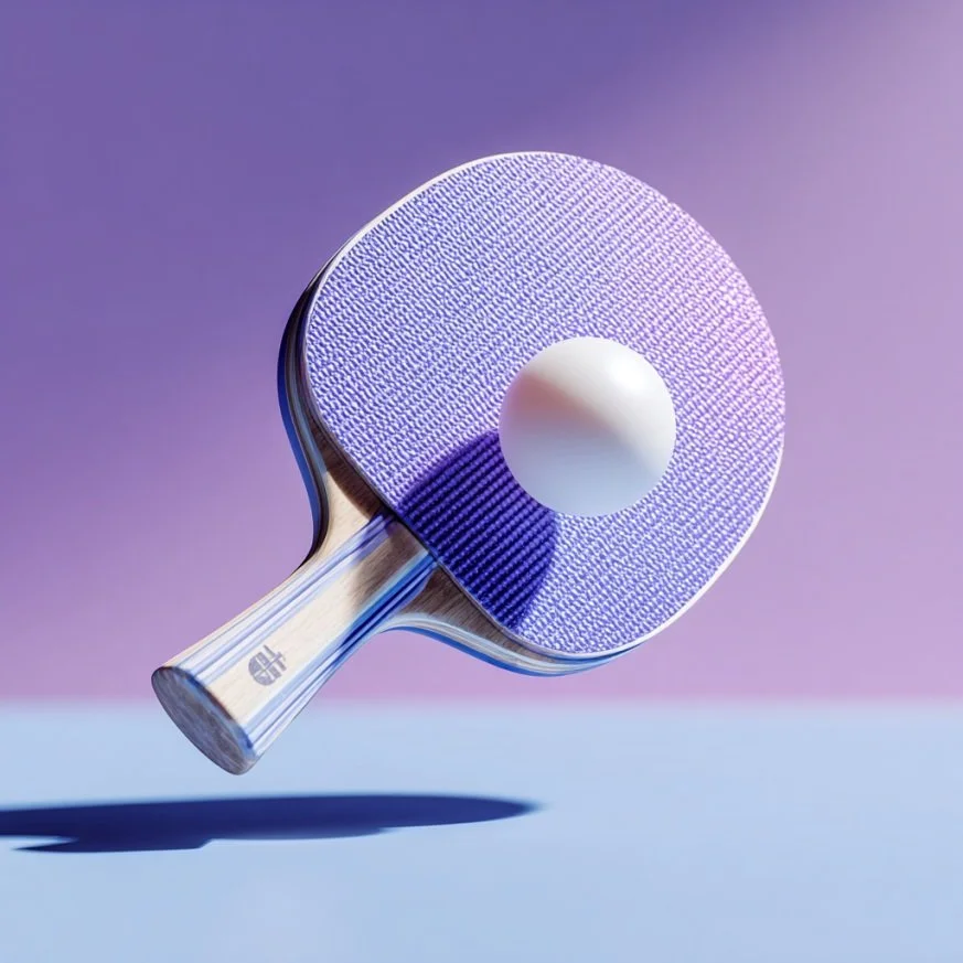 A ping pong paddle with a purple textured surface and a white ball on top, casting a shadow on a gradient purple background.