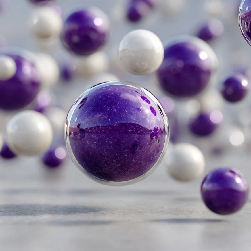 Close-up of purple and white marble spheres scattered on a flat surface with reflective glass-like finish.