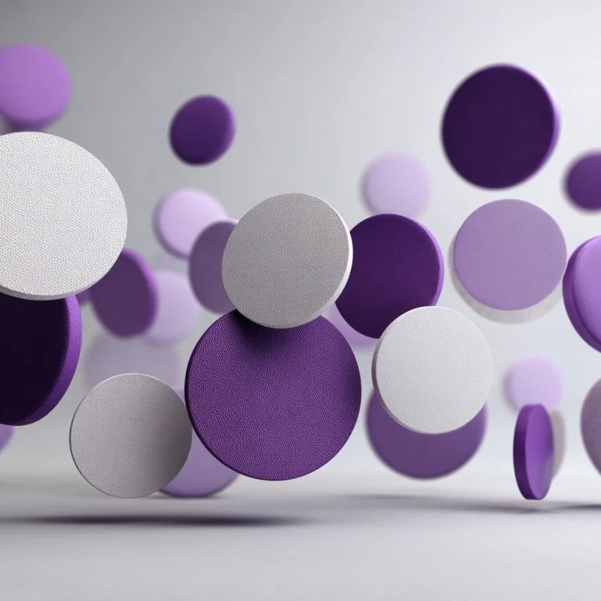 Floating circles in various shades of purple and white on a light gray background.