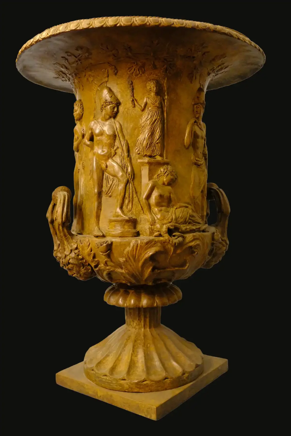 Hand sculpted patinated bronze Medici Vase inspired by the Roman original discovered in the Renaissance. 