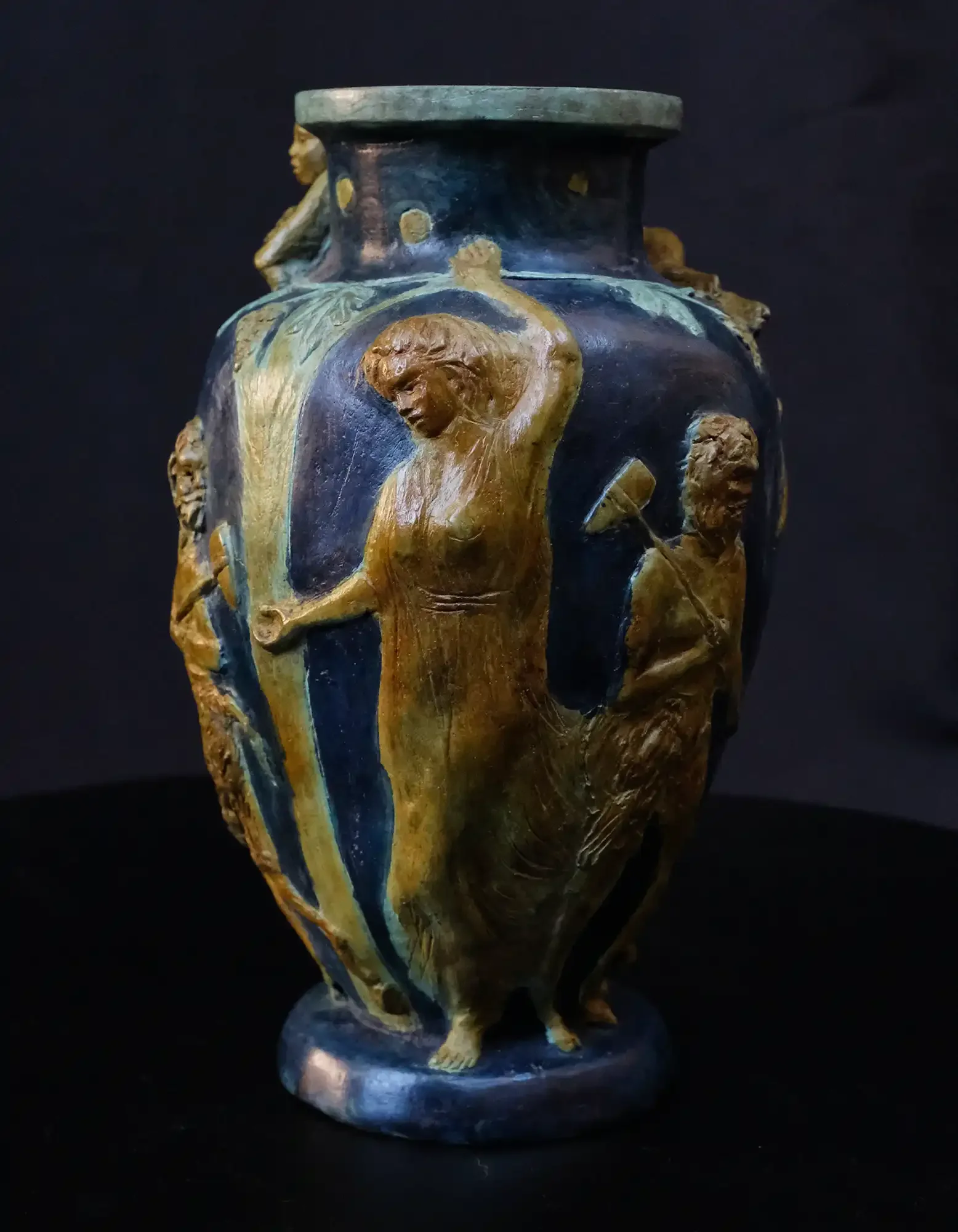 Hand sculpted patinated in painterly palette bronze vase inspired by Ancient Greek vases and renaissance paintings.