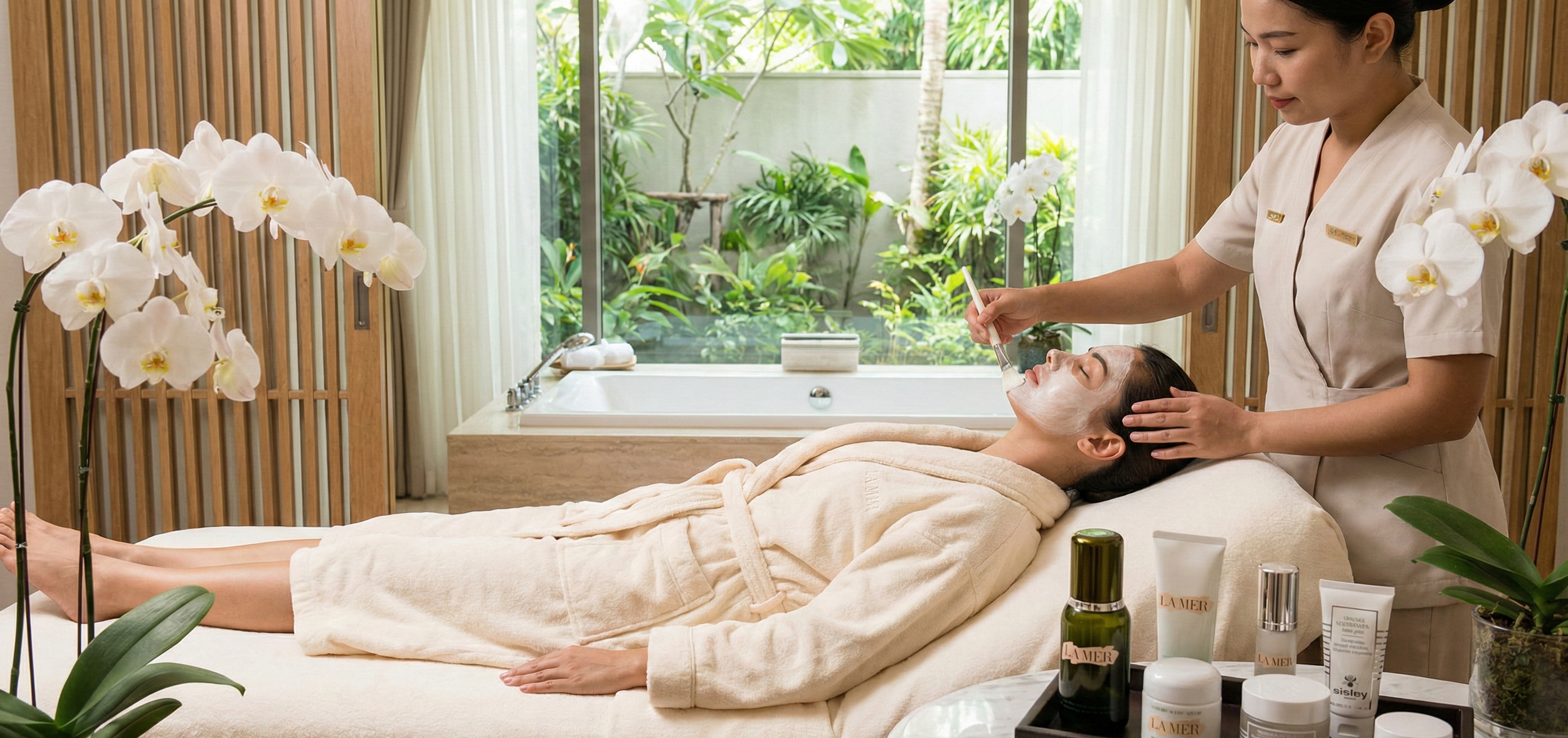 A woman is receiving a facial treatment at a spa, lying on a treatment bed with a robe, while a therapist applies a facial mask with a brush. The spa room has a large window with a garden view, orchids, and skincare products on a tray.