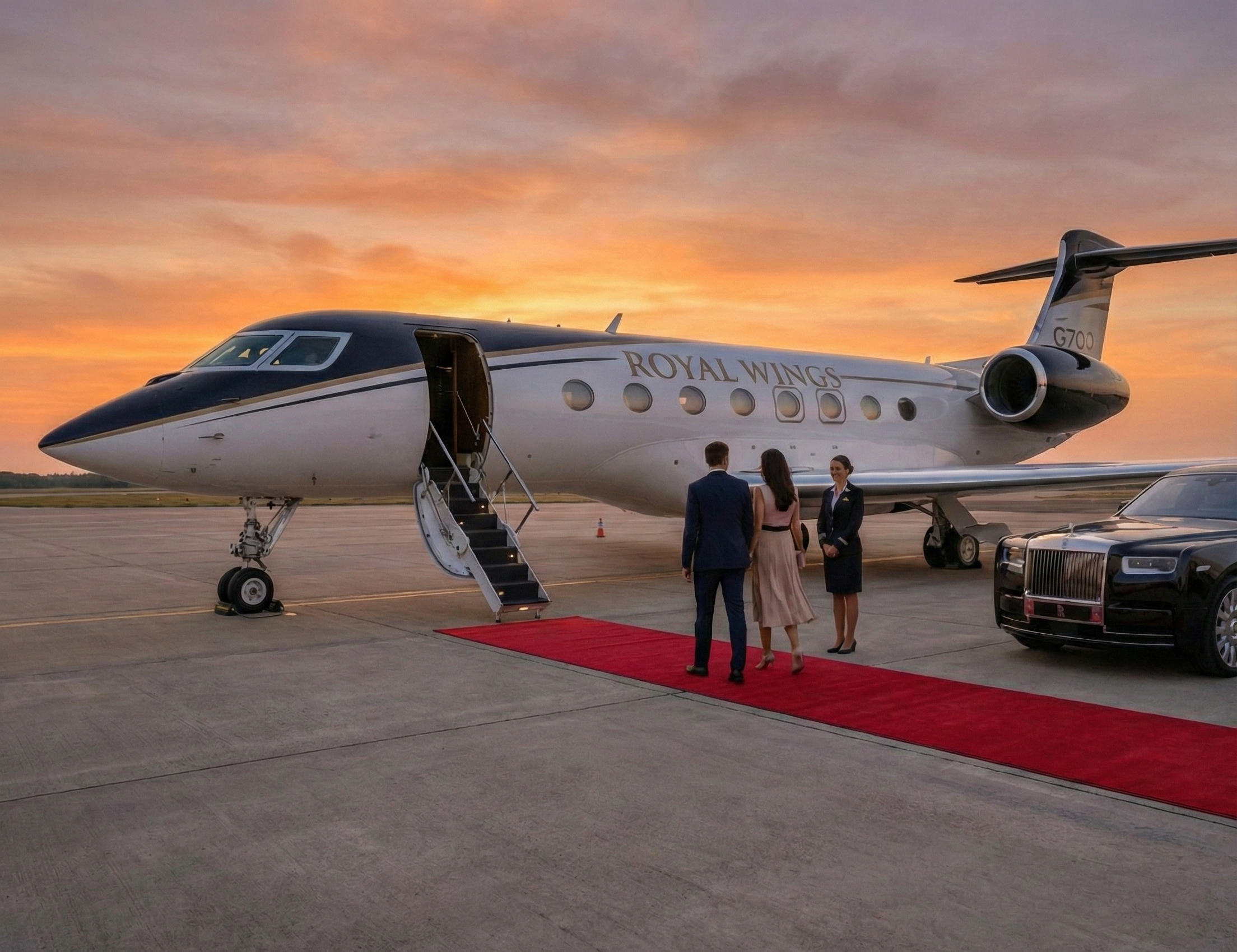 A private jet with the words 'Royal Wings' on the side parked on a tarmac with a red carpet leading to the open door. Two women and a man in formal attire are walking up the carpet, while a woman in a flight attendant uniform stands nearby. The scene is set at sunset.