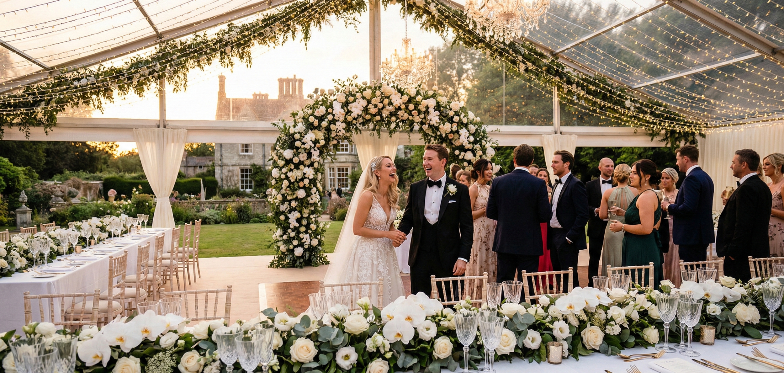 Wedding reception in a decorated outdoor tent with couples and guests mingling, floral arrangements, and fairy lights at sunset.