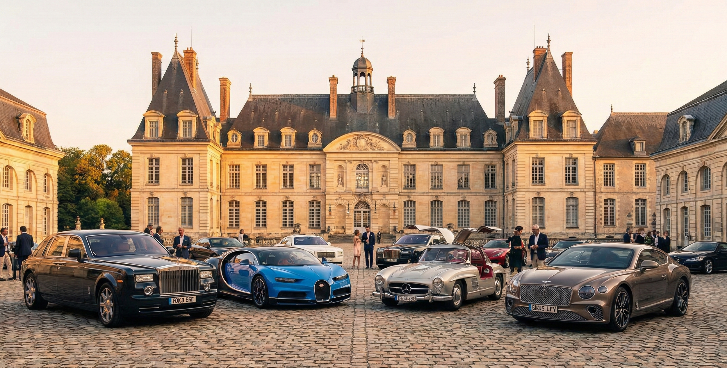 Arranged luxury cars, including a Rolls-Royce, Bugatti, Mercedes-Benz, Bentley, and other high-end vehicles, in front of a historic European-style castle during a sunny day, with people dressed in formal attire mingling around.