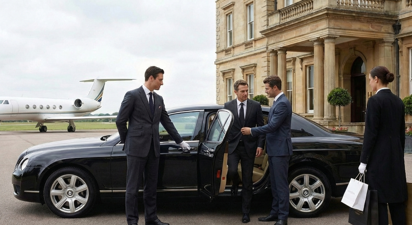 Four professionally dressed individuals standing near a black luxury car and a private jet. One man is getting into the car, while the others assist or observe. A woman with a shopping bag stands to the right, all outside a large, elegant building with columns.