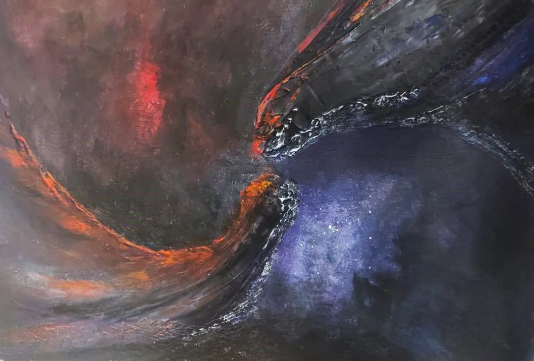 Abstract painting of a swirling galaxy with dark space, stars, and colorful nebulae in shades of purple, blue, and orange.