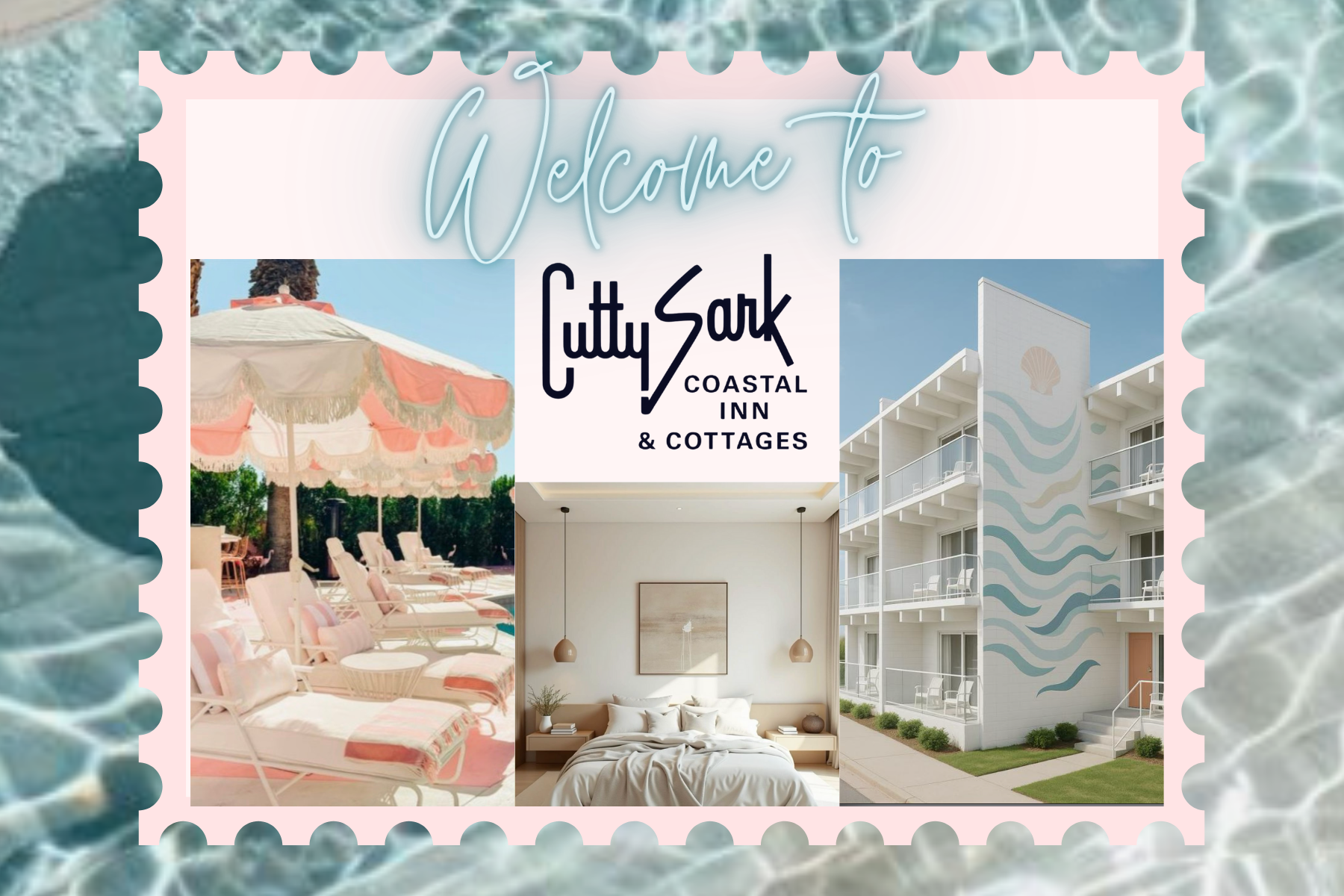 A collage of images promoting the Cutty Sark Coastal Inn & Cottages. The collage includes a poolside scene with pink and white lounge chairs and a large umbrella, an interior bedroom with a white bed and minimalist decor, and an exterior of a modern white building with a coastal wave and shell mural on the facade.