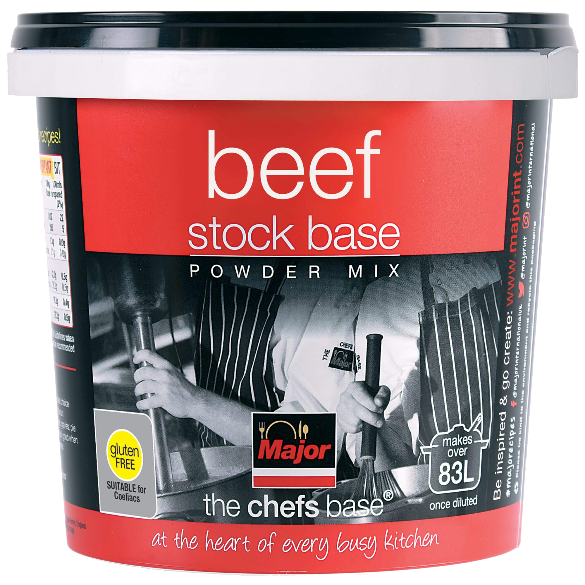 A container of beef stock base powder mix with a label featuring a black and white image of a chef stirring a pot, the Major brand logo, and text indicating it makes over 83 liters once diluted.
